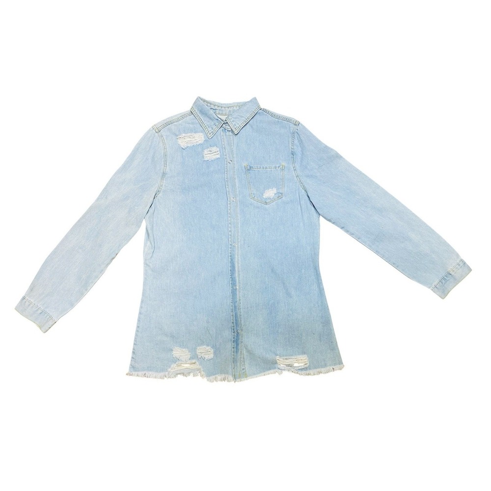 Women's Blue Denim Snap Up Shirt Jacket Long Sleeve Jean Distressed Frayed Large